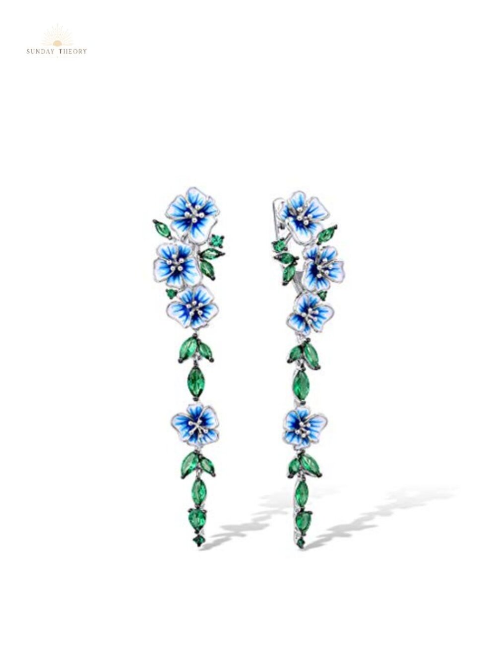 925 Sterling Silver Peony Flower Earrings Enamel Green Spinel Lever Back